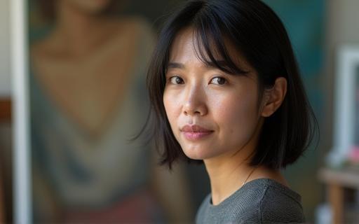 スタジオの著名な現代画家、田中さくらのポートレート